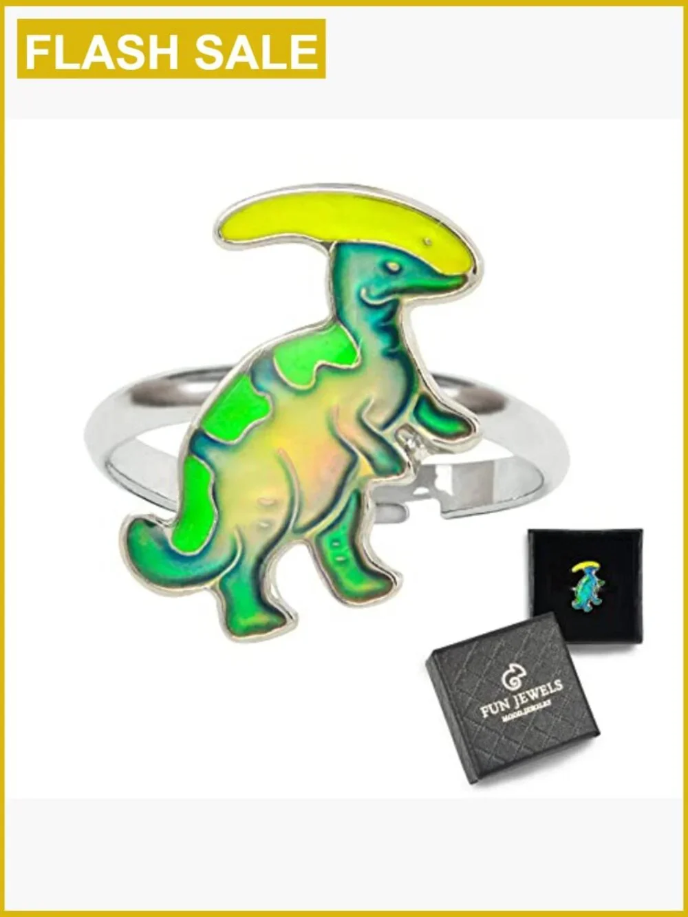 Dinosaur Color Changing Mood Ring for Kids Adjustable Size Parasaurolophus